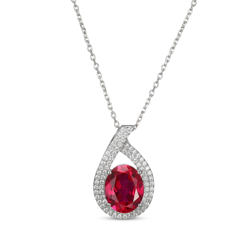 Main Image 1 of Oval-Cut Lab-Created Ruby & White Lab-Created Sapphire Teardrop Necklace Sterling Silver 18&quot;