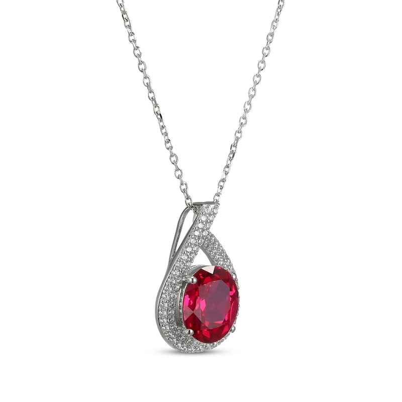 Main Image 2 of Oval-Cut Lab-Created Ruby & White Lab-Created Sapphire Teardrop Necklace Sterling Silver 18&quot;