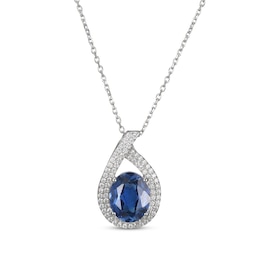Oval-Cut Blue Lab-Created Sapphire & White Lab-Created Sapphire Teardrop Necklace Sterling Silver 18&quot;