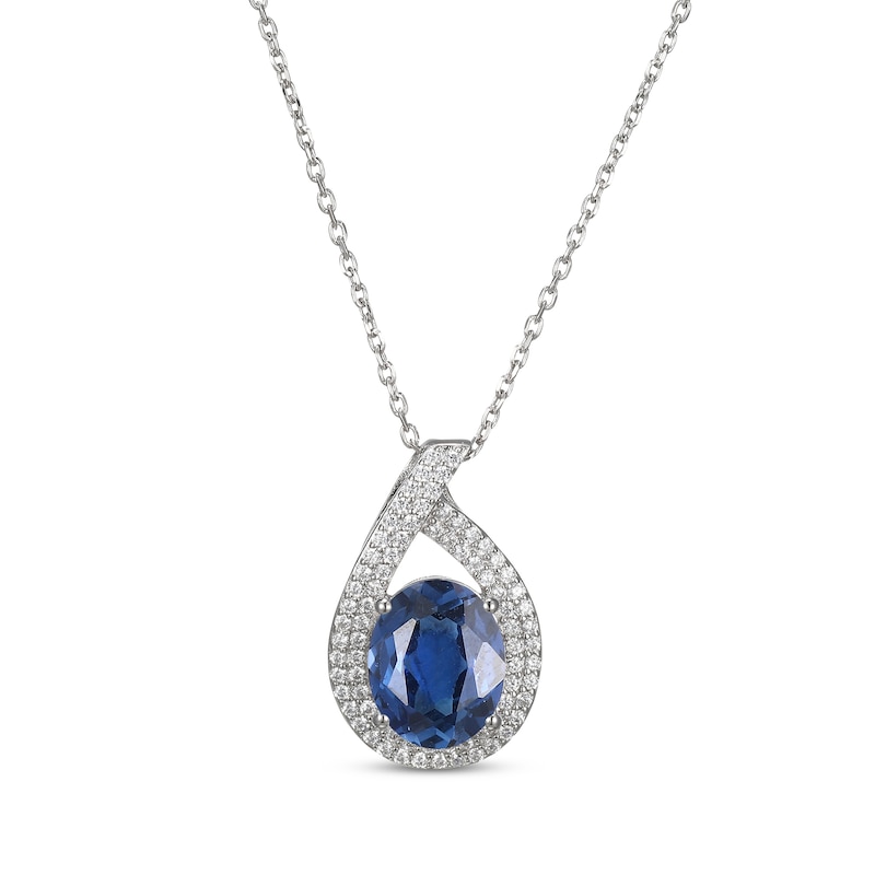 Main Image 1 of Oval-Cut Blue Lab-Created Sapphire & White Lab-Created Sapphire Teardrop Necklace Sterling Silver 18&quot;