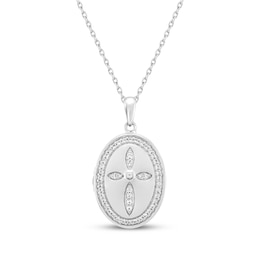 White Lab-Created Sapphire Oval Cross Locket Necklace Sterling Silver 18&quot;