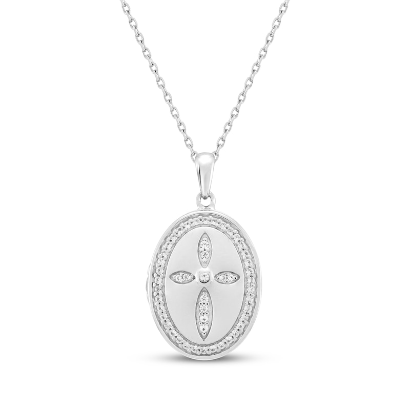 White Lab-Created Sapphire Oval Cross Locket Necklace Sterling Silver 18"