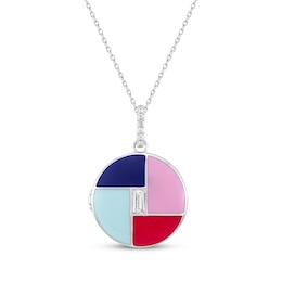 Baguette & Round-Cut White Lab-Created Sapphire Enameled Color Block Locket Necklace Sterling Silver 18&quot;