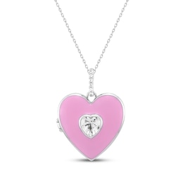 Heart-Shaped & Round-Cut White Lab-Created Sapphire Enameled Heart Locket Necklace Sterling Silver 18&quot;