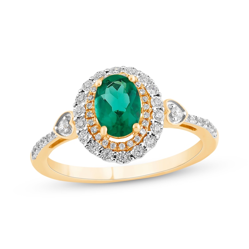 Oval-Cut Emerald & Diamond Halo Ring 1/5 ct tw 10K Yellow Gold