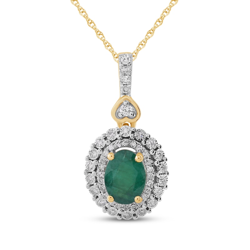 Main Image 1 of Oval-Cut Emerald & Diamond Halo Necklace 1/6 ct tw 10K Yellow Gold 18&quot;