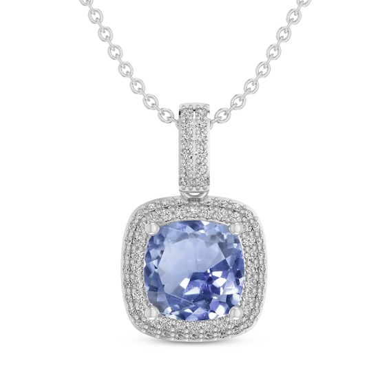 Cushion-Cut Blue Lab-Created Sapphire & White Lab-Created Sapphire Double Halo Necklace Sterling Silver 18"