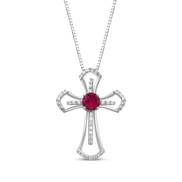 Lab-Created Ruby & White Lab-Created Sapphire Cross Necklace Sterling Silver 18&quot;