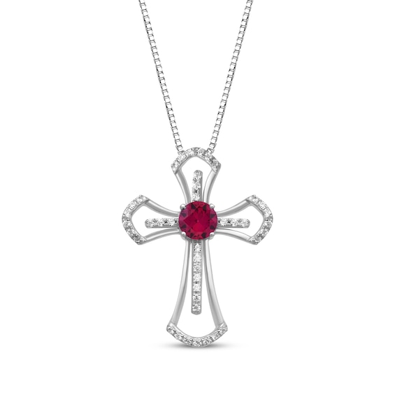 Lab-Created Ruby & White Lab-Created Sapphire Cross Necklace Sterling Silver 18"