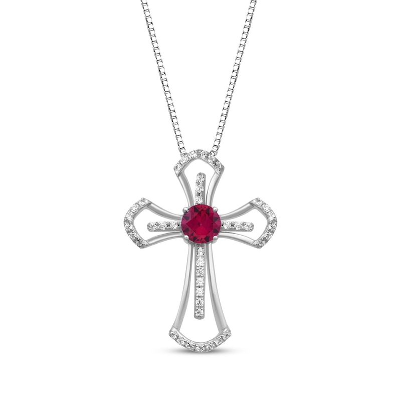 Main Image 1 of Lab-Created Ruby & White Lab-Created Sapphire Cross Necklace Sterling Silver 18&quot;