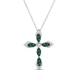 Marquise-Cut Lab-Created Emerald & White Lab-Created Sapphire Cross Necklace Sterling Silver 18&quot;