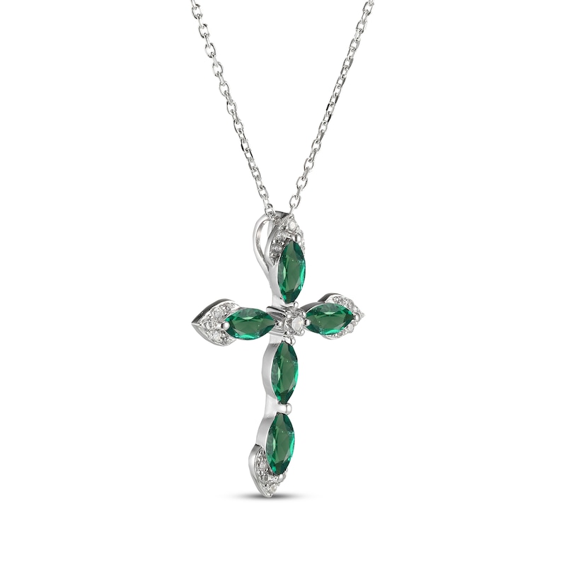 Main Image 2 of Marquise-Cut Lab-Created Emerald & White Lab-Created Sapphire Cross Necklace Sterling Silver 18&quot;