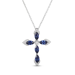 Marquise-Cut Blue Lab-Created Sapphire & White Lab-Created Sapphire Cross Necklace Sterling Silver 18&quot;