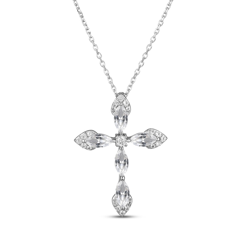 Main Image 1 of Marquise-Cut White Lab-Created Sapphire Cross Necklace Sterling Silver 18&quot;