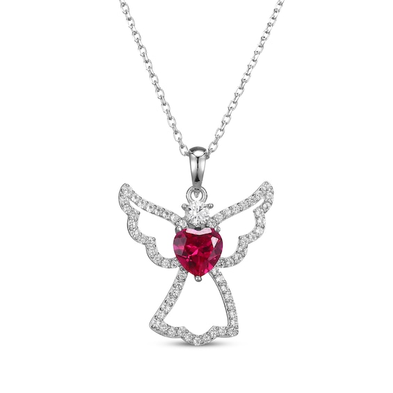 Heart-Shaped Lab-Created Ruby & White Lab-Created Sapphire Angel Necklace Sterling Silver 18"