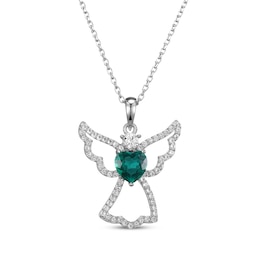 Heart-Shaped Lab-Created Emerald & White Lab-Created Sapphire Angel Necklace Sterling Silver 18&quot;