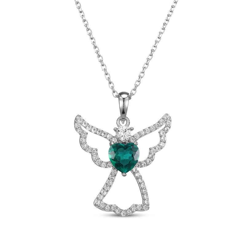 Main Image 1 of Heart-Shaped Lab-Created Emerald & White Lab-Created Sapphire Angel Necklace Sterling Silver 18&quot;