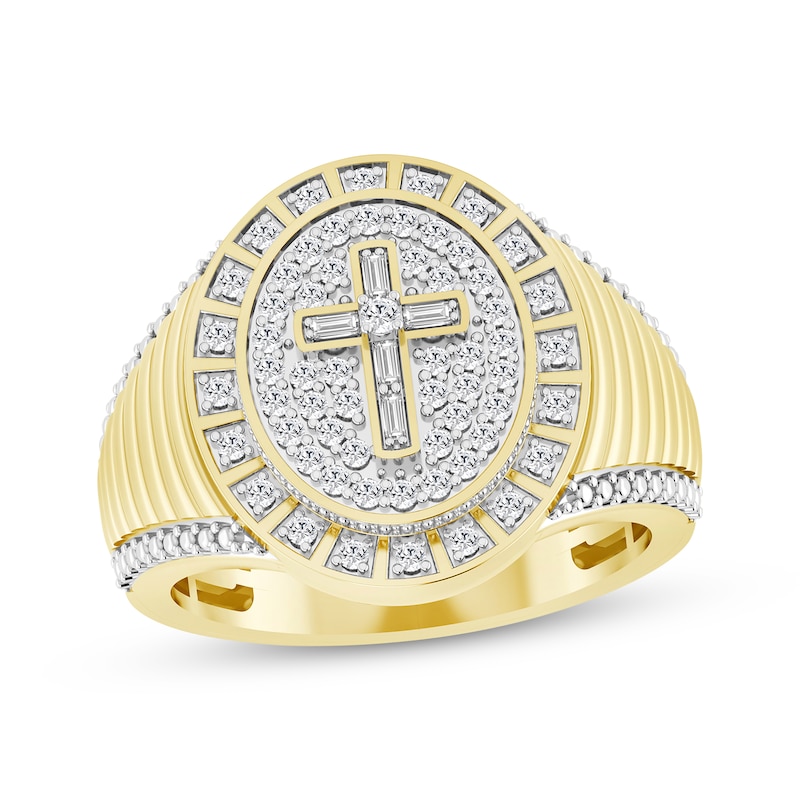 Men's Baguette & Round-Cut Diamond Cross Oval Ring 1/2 ct tw 10K Yellow Gold