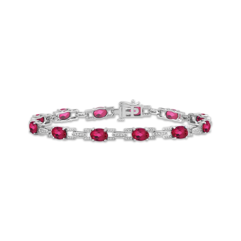 Main Image 1 of Oval-Cut Lab-Created Ruby & White Lab-Created Sapphire Link Bracelet Sterling Silver 7.5&quot;