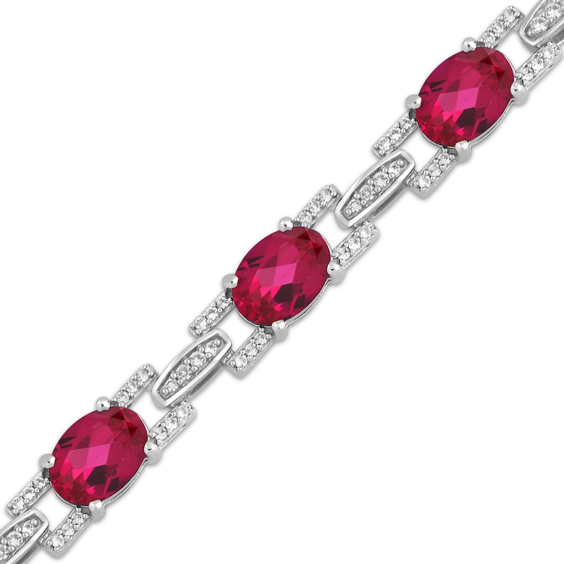 Main Image 2 of Oval-Cut Lab-Created Ruby & White Lab-Created Sapphire Link Bracelet Sterling Silver 7.5&quot;