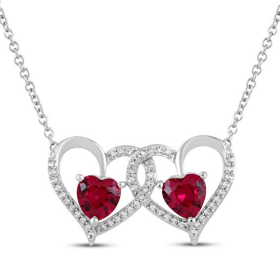 Heart-Shaped Lab-Created Ruby & White Lab-Created Sapphire Double Heart Necklace Sterling Silver 18"