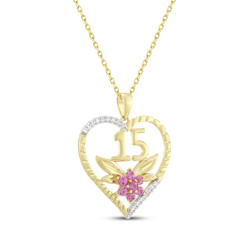 Main Image 2 of Pink & White Lab-Created Sapphire Quinceañera Flower & Heart Necklace 14K Yellow Gold 18&quot;