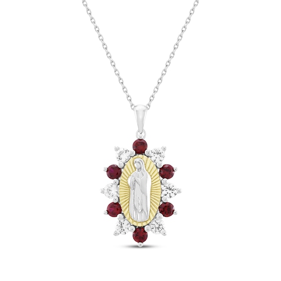 Lab-Created Ruby & White Lab-Created Sapphire Virgin Mary Necklace Sterling Silver & 10K Yellow Gold 18"