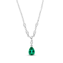 Pear-Shaped Lab-Created Emerald & White Lab-Created Sapphire Y-Drop Necklace Sterling Silver 18&quot;