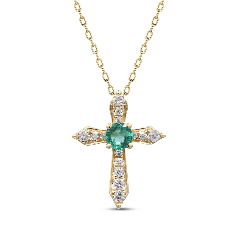 Main Image 1 of Round-Cut Emerald & Diamond Cross Necklace 1/15 ct tw 10K Yellow Gold 18&quot;