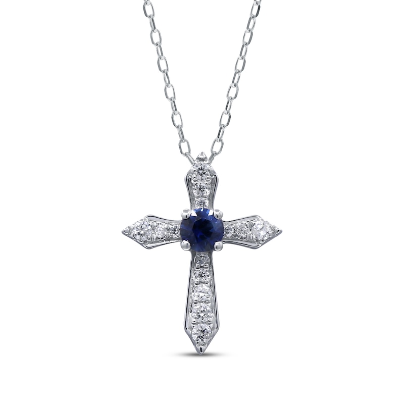 Main Image 1 of Blue Sapphire & Diamond Cross Necklace 1/15 ct tw 10K White Gold 18&quot;