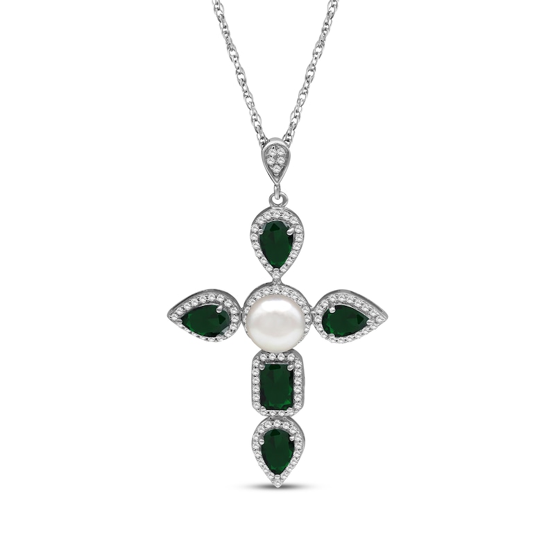 Main Image 1 of Pear-Shaped & Emerald-Cut Lab-Created Emerald, Cultured Pearl, White Lab-Created Sapphire Necklace Sterling Silver 18&quot;