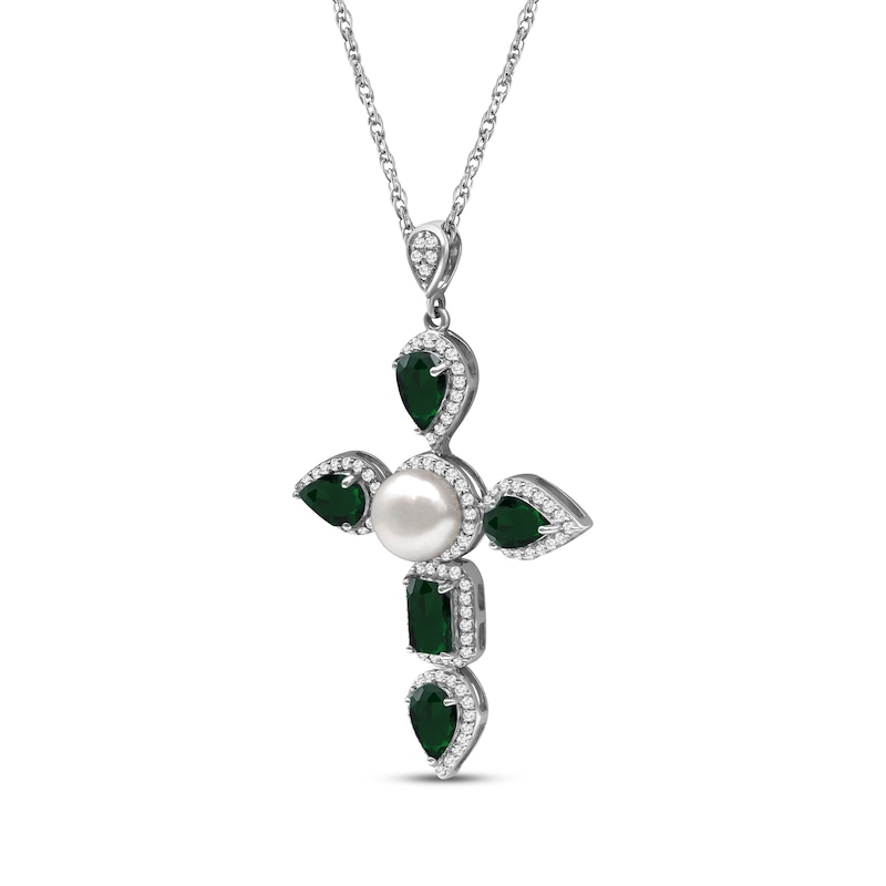 Main Image 2 of Pear-Shaped & Emerald-Cut Lab-Created Emerald, Cultured Pearl, White Lab-Created Sapphire Necklace Sterling Silver 18&quot;