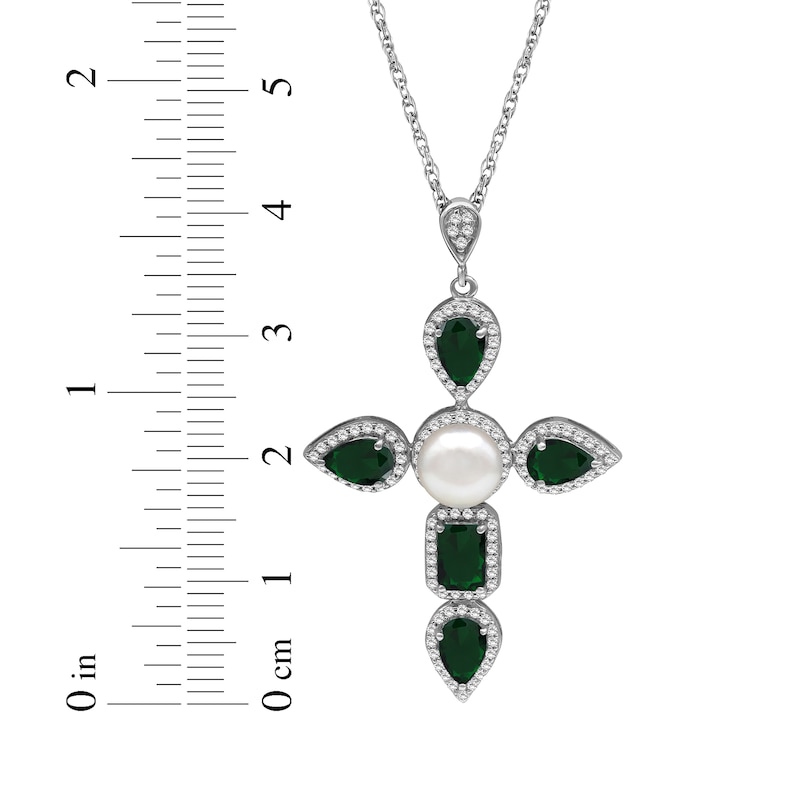 Main Image 4 of Pear-Shaped & Emerald-Cut Lab-Created Emerald, Cultured Pearl, White Lab-Created Sapphire Necklace Sterling Silver 18&quot;