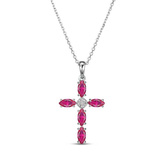 Marquise-Cut Lab-Created Ruby & Diamond Accent Cross Necklace Sterling Silver 18"