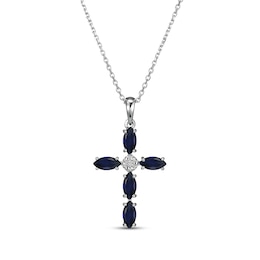 Marquise-Cut Blue Lab-Created Sapphire & Diamond Accent Cross Necklace Sterling Silver 18&quot;