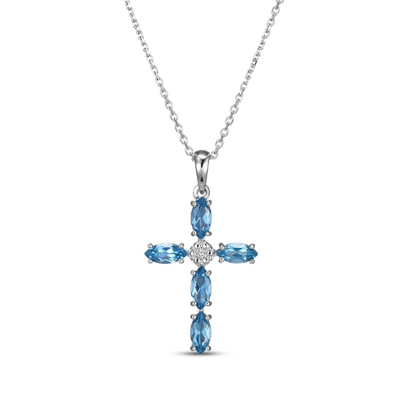 Marquise-Cut Swiss Blue Topaz & Diamond Accent Cross Necklace Sterling Silver 18"