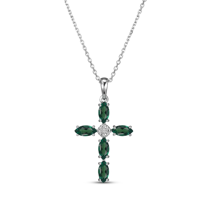 Marquise-Cut Lab-Created Emerald & Diamond Accent Cross Necklace Sterling Silver 18"
