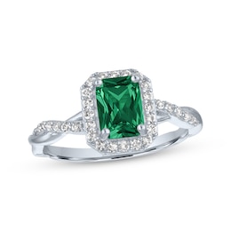 Emerald-Cut Lab-Created Emerald & White Lab-Created Sapphire Ring Sterling Silver