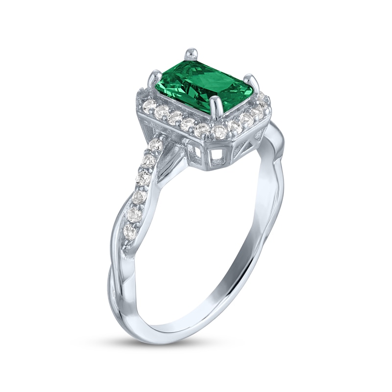 Main Image 2 of Emerald-Cut Lab-Created Emerald & White Lab-Created Sapphire Ring Sterling Silver