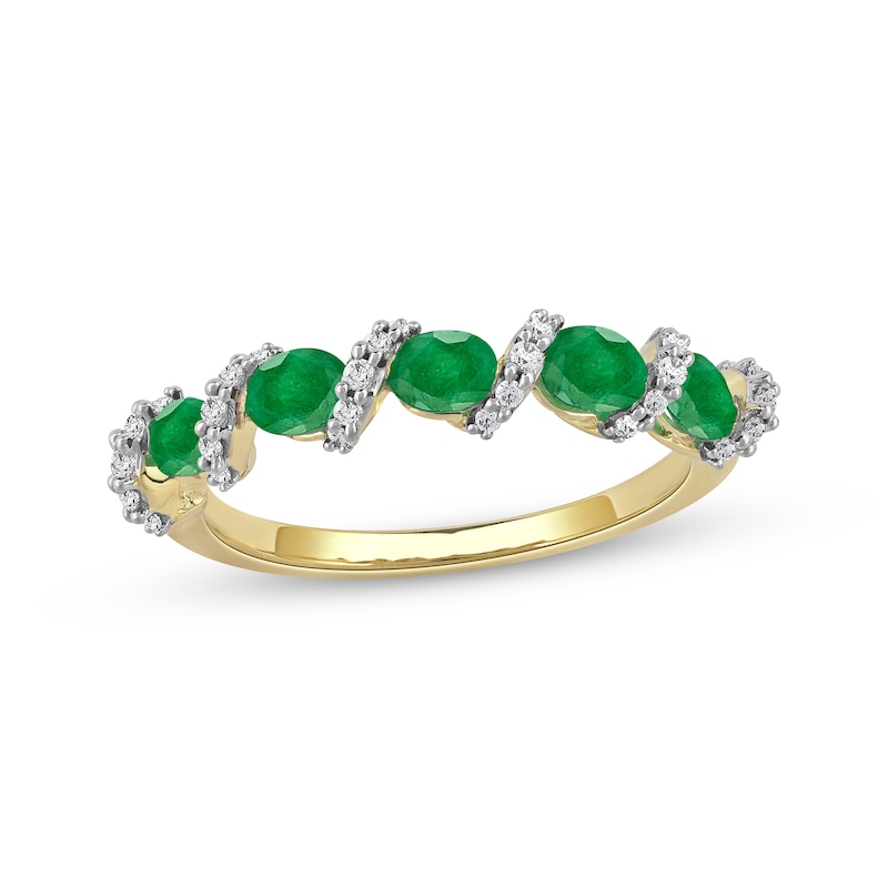 Main Image 1 of Oval-Cut Natural Emerald & Diamond Twist Ring 1/6 ct tw 10K Yellow Gold