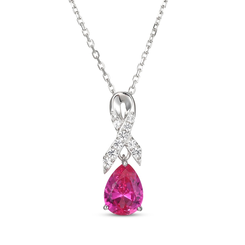 Main Image 1 of Pear-Shaped Pink Lab-Created Sapphire & White Lab-Created Sapphire Ribbon Necklace Sterling Silver 18&quot;