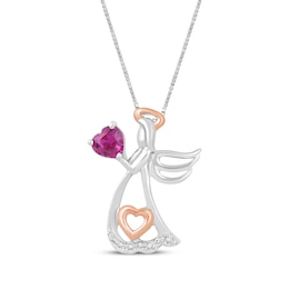 Heart-Shaped Lab-Created Ruby & White Lab-Created Sapphire Angel Necklace Sterling Silver & 10K Rose Gold 18&quot;