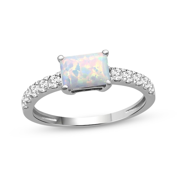 Emerald-Cut Lab-Created Opal & White Lab-Created Sapphire Ring Sterling Silver