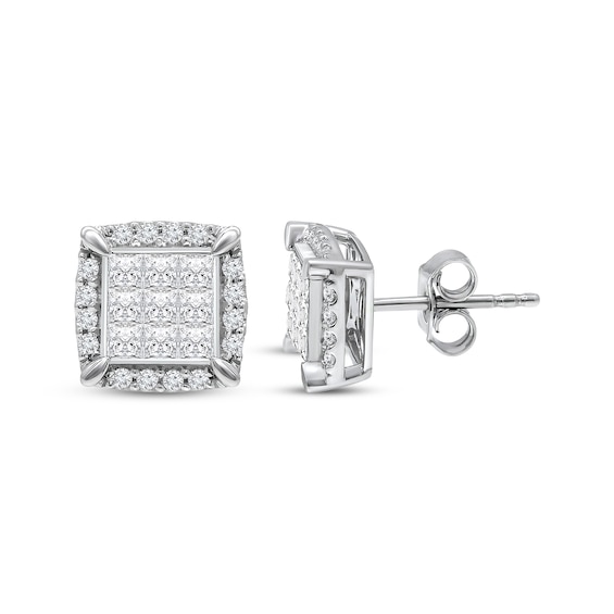 Princess-Cut Multi-Diamond Stud Earrings 1 ct tw 10K White Gold