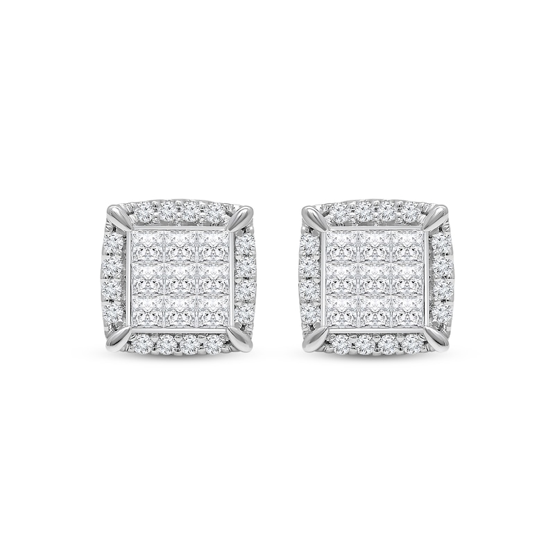Princess & Round-Cut Multi-Diamond Cushion Stud Earrings 1/2 ct tw 10K White Gold
