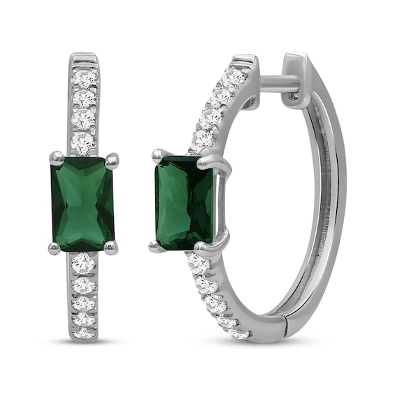 Emerald-Cut Lab-Created Emerald & White Lab-Created Sapphire Hoop Earrings Sterling Silver