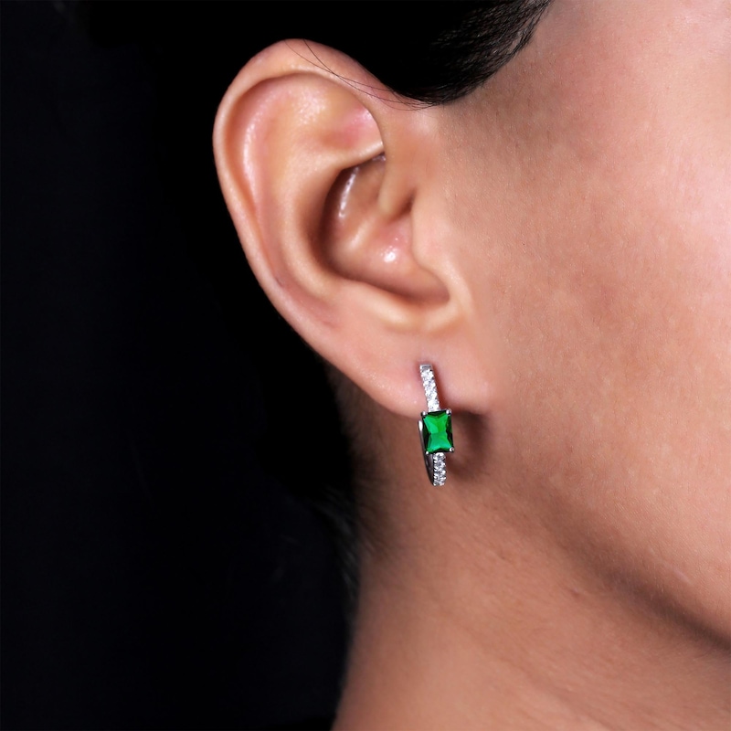 Main Image 3 of Emerald-Cut Lab-Created Emerald & White Lab-Created Sapphire Hoop Earrings Sterling Silver