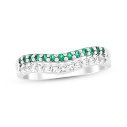 Round-Cut Lab-Created Emerald & White Lab-Created Sapphire Layered Contour Ring Sterling Silver