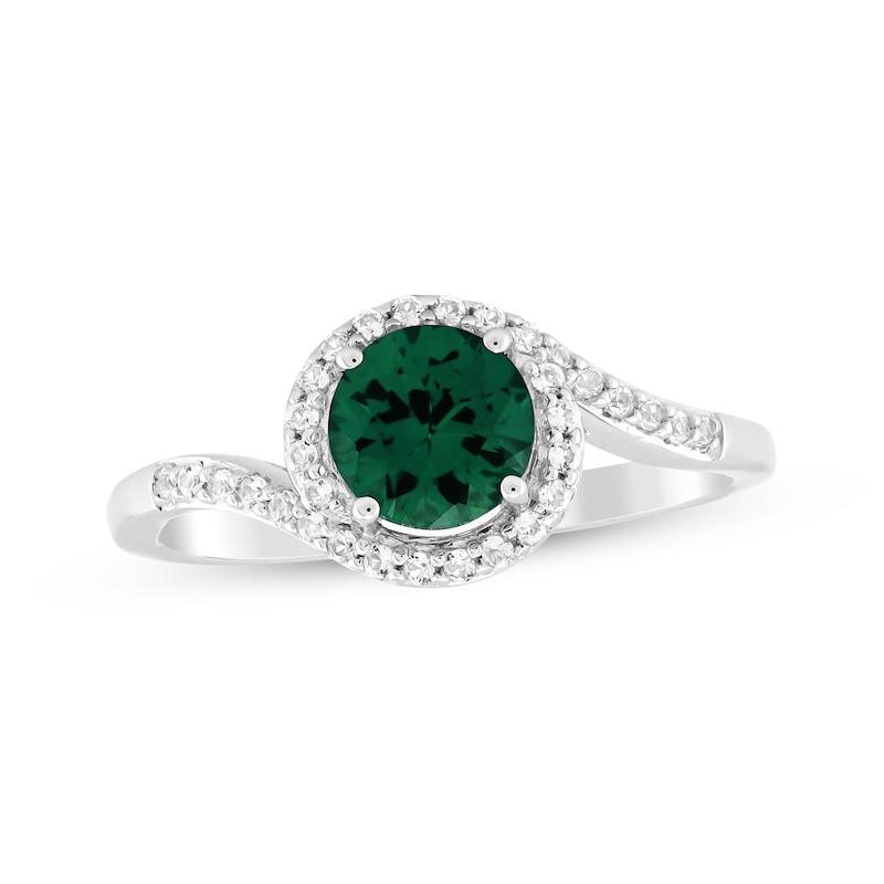 Main Image 1 of Lab-Created Emerald & White Lab-Created Sapphire Halo Ring Sterling Silver