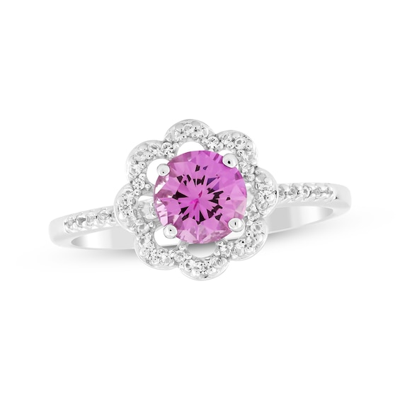 Pink & White Lab-Created Sapphire Flower Halo Ring Sterling Silver